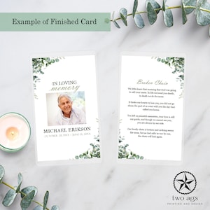 May include: A white card with a green leafy border. The card has a photo of a man in the top left corner and the text "In loving memory" above the photo. The text "Michael Erikson" is below the photo with the dates "October 28, 19XX - June 01, 20XX". The right side of the card has the text "Broken Chain" and a poem about loss and grief.