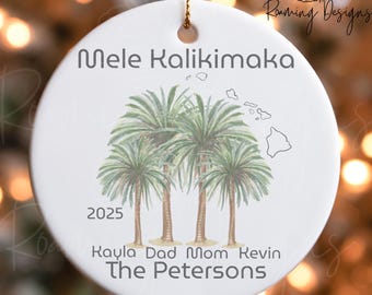 Personalized Palm Tree Family of 4 Ornament, Custom Mele Kalikimaka Last Name Vacation Ornament, First Names Last Name Year Personalize Gift