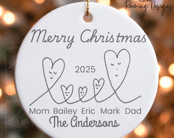 Personalized Family of 5 Hearts Ornament, Custom Family Hearts Name Year Ornament, 3 Kids Family Ornament, Family Christmas Ornament Gift
