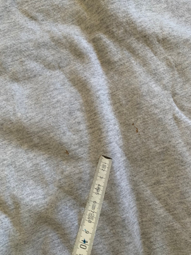 K&ouml;nnte beinhalten: Nahaufnahme einer grauen Stoffoberfl&auml;che mit zwei kleinen braunen Flecken. Ein Lineal ist teilweise in der rechten unteren Ecke des Bildes sichtbar.