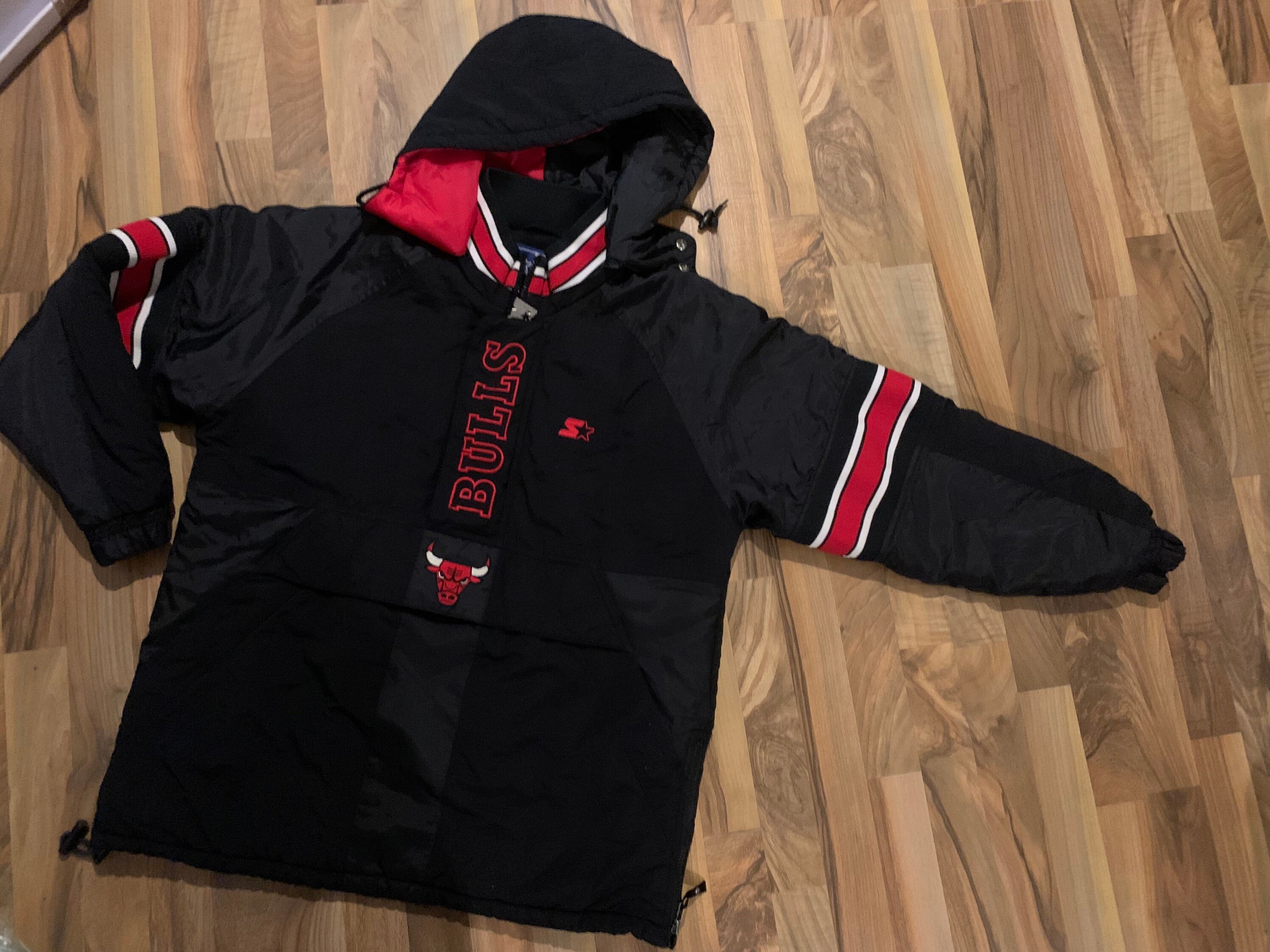 Vintage 90s Black Starter Chicago Bulls 1/4 Zip Hooded Jacket - Large  Nylon– Domno Vintage