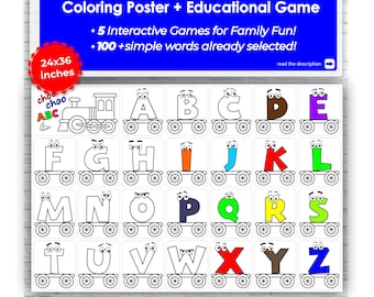 Poster train alphabet à colorier pour enfants | Art mural imprimable ABC 24 x 36 | Activités éducatives et jeux | Apprendre à la maison en s'amusant