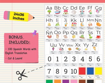 Spanish Alphabet and Numbers Poster | 100+ Flashcards | Printable PDF | English Translation & Pronunciation | Instant Download