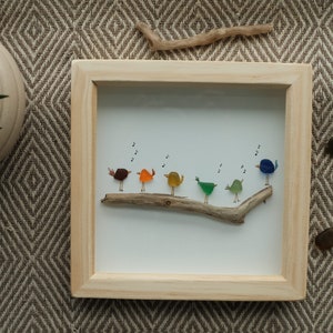 Rare Scottish Sea Glass Rainbow Birds on a Drift Wood Decorative Framed Art Handmade Watercolor Painting Sea Glass Art Seaside Gift Souvenir