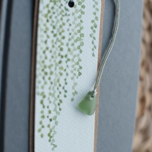Original Hand-painted Watercolor Bookmark with a  Hand drilled Unique Sea Glass Pendant, Personalized Handmade Gift Sea Glass Bookmark