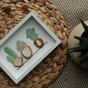 Painted Cactus Plants in Sea Pottery Pot Decorative Framed Art Handmade Watercolor Painting Standing Frame Hanging Frame