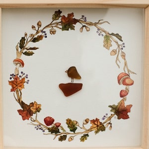 Hand-paited Plant Ring with Sea Glass Bird Decorative Framed Art Handmade Watercolor Painting Sea Glass Art