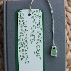 Original Hand-painted Green Plants Watercolor Bookmark with Unique Sea Glass Pottery, Personalized Handmade Gift Sea Glass Bookmark