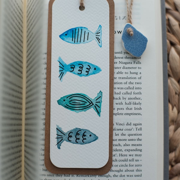 Original Hand-painted Blue Fishes Sea Themed Watercolor Bookmark with a Unique Sea Glass Personalized Handmade Gift Sea Glass Bookmark