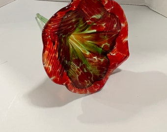 Hand Sculpted Glass Flower Red with Green Stem 8”