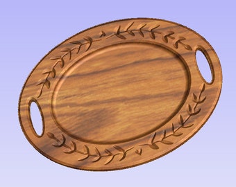 May include: A wooden serving tray with two handles and a carved leaf design around the edge.
