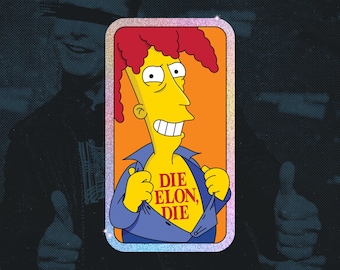 Hate Elon Musk Sticker - The Simpsons Glitter Holographic Vinyl - Anti Tesla Cybertruck