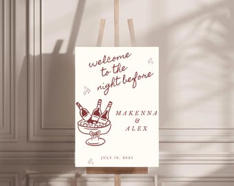 前夜のサインテンプレート、リハーサルディナーサイン、モダンヴィンテージウェルカムサイン、手描き、レトロミニマリストウェルカムサイン