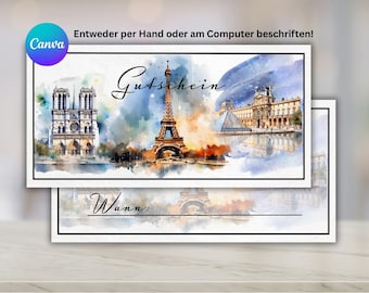Weekend trip voucher as PDF, Paris voucher template download, print your own voucher, printable voucher, city trip voucher