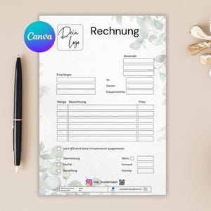 Rechnungsvorlage für Kleingewerbe, Kleinunternehmer und Freiberufler als Canva Vorlage zum downloaden für Word, Pages und Google Docs