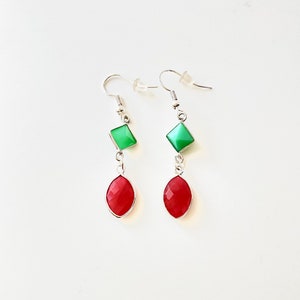 Green Chrysoprase Octagon  Stone/Red Chalcedony Oval Stone Earring