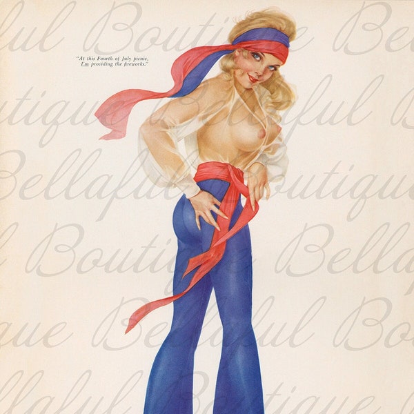 Alberto Vargas Pinup Girl Printable Art | Digital Download | 1970 Vintage Retro Nude Blonde Bell Bottoms Fourth of July Fireworks Pin-up