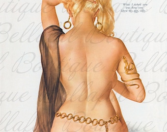 May include: A woman with blonde hair sits with her back to the viewer. She is wearing a sheer brown robe and a gold chain belt. She has a gold snake bracelet on her left arm and gold hoop earrings. The text "What I asked you was how you liked my asp, silly." is written in the upper right corner of the image.
