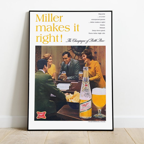 Miller High Life Beer  Vintage Ad Poster [INSTANT DOWNLOAD] Retro Modern Minimalist Wall Art