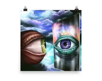 May include: A surreal digital painting depicting two eyes gazing at each other. One eye is brown with a green iris, while the other is blue with a purple iris. The eyes are set against a backdrop of a cloudy sky and a glowing, abstract background.