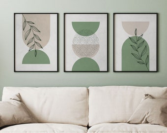 Ensemble de 3 estampes d’art mural vert sauge boho/ Galerie murale beige vert/ Estampes d’art botanique vert/ Art mural Boho / Géométrique moderne / Art Scandi