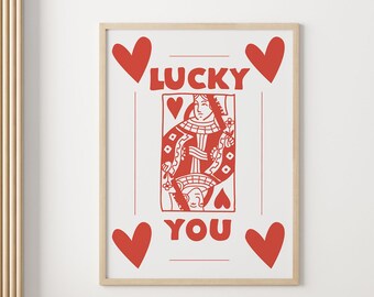 Retro Trendy Aesthetic Wall Art, Wall Print, Digital Download Print, Wall Decor, Large Printable Art, Queen of Hearts, Lucky You, Card Art