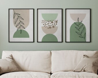 Sage Green Boho Abstract Wall Art prints/ Ensemble de 3 tirages/ Boho Wall Decor/ Scandi Art/ Green Beige Gallery/ Botanique Géométrique Moderne Art