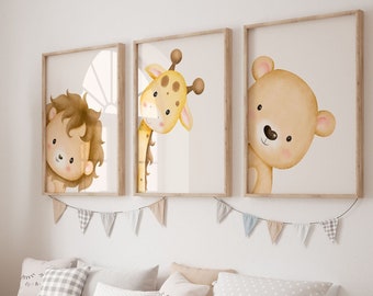 Set of 3 Jungle Animal Wall Art Prints | Boho, Animal, Lion, Giraffe, Bear | Nursery Child Kids Printable| Peekaboo | Gender Neutral Nursery