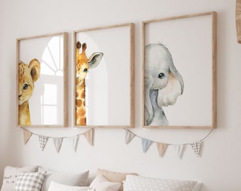 Set of 3 Safari Wall Art Prints| Gender Neutral Nursery Prints| Bedroom Decor| Cute Baby Jungle Animals| Lion, Elephant| Giraffe, Baby Gifts