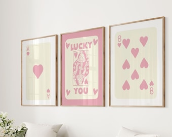 Trendy Retro Wall Art Set Of 3, Lucky You Print, Retro Trendy Aesthetic Print, Ace Card Poster, Trendy Wall Art, Funny Art, Queen of hearts