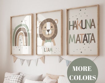 Conjunto imprimible de 3 Jungle Animal 'Hakuna Matata' Wall Art Prints / Nombre personalizado / Boho, Safari, Lion, Rainbow / Nursery Child Kids Decor