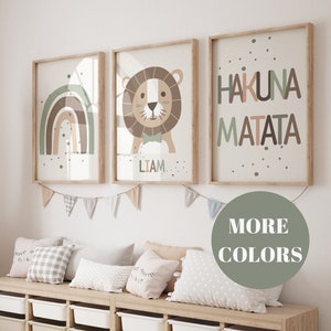 3er Set Dschungeltier 'Hakuna Matata' Wandbilder | Personalisierter Name| Boho, Safari, Löwe, Regenbogen| Kinderzimmer Kind Kinder Dekor