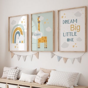 Set di 3 stampe d'arte murale di animali della giungla / Nome personalizzato / Boho, Safari, Animale, giraffa, Arcobaleno / Nome personalizzato, Nursery Kids stampabile,