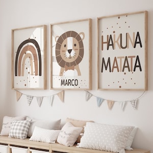Set von 3 Dschungeltier 'Hakuna Matata' Wand Kunstdrucke |Personalisierter Name |Boho, Safari, Animal, Lion, Rainbow | Kinderzimmer Printable