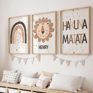 3er Set Dschungeltier "Hakuna Matata" Wandkunstdrucke | Personalisierter Name | Boho, Safari, Tier, Löwe, Regenbogen | Kinderzimmer Kinder Printable
