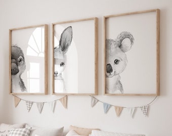 Set of 3 Australian baby Animals Nursery Wall Art Prints| kangaroo, Koala, Platypus| Nursery Child Kids Printable| Black and White Nursery