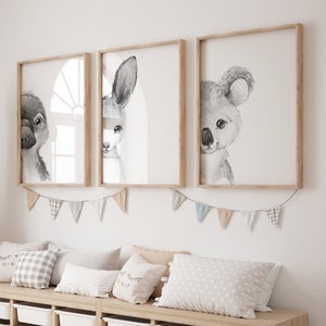 3er Set Australische Baby Tiere Kinderzimmer Wand Kunstdrucke| Känguru, Koala, Schnabeltier| Kindergarten Kind Kinder Printable| Schwarz-Weiß Kinderzimmer