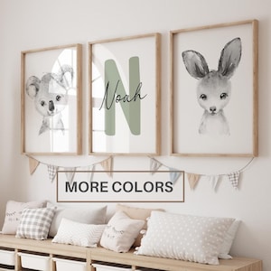 Set di 3 Australian baby Animal Nursery Wall Art Print/ Nome personalizzato/ Koala, Canguro, Acquerello/ Nursery Decor/ Child Kids Printable