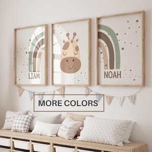 Set stampabile di 3 stampe d'arte da parete con animali della giungla/Boho, Giraffa, Arcobaleno, Safari/Nome personalizzato/Stanza condivisa/Asilo nido per bambini
