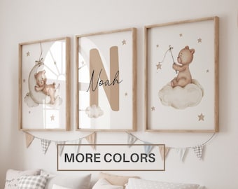 Ensemble de 3 impressions d’art mural de pépinière Teddy Bear personnalisées| Nom personnalisé Teddy Bear Nursery Decor| Décor pour enfants de crèche| Nuage, Lune, Ballon