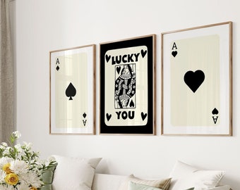 Trendy Retro Wall Art Set De 3, Lucky You Print, Retro Trendy Aesthetic Print, Black Ace Card Poster, Trendy Wall Art, Funny Art, Digital