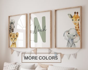 Set of 3 Safari Animal Nursery Decor Wall Art Print| Personalized name| Jungle Animal ,Lion, Elephant, Giraffe, Zebra| Child Kids| Custom