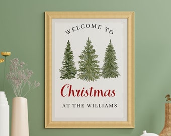 Personalized Christmas Welcome Sign, Christmas Wall Art, Christmas Tree Print, Cutom Family Christmas Print, Holiday Decor, Evergreen Trees