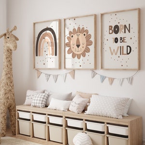 Set of 3 Jungle Animal &#39;Born to be Wild&#39; Wall Art Prints | Boho, Safari, Animal, Lion, Rainbow | Nursery child Kids Printable |  Neutral