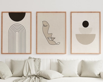 Arte de pared tríptico, decoración de pared simétrica, arte de pared de 3 piezas, impresiones de arte MCM, ilustración de mujeres arco iris de línea geométrica boho moderna de mediados de siglo