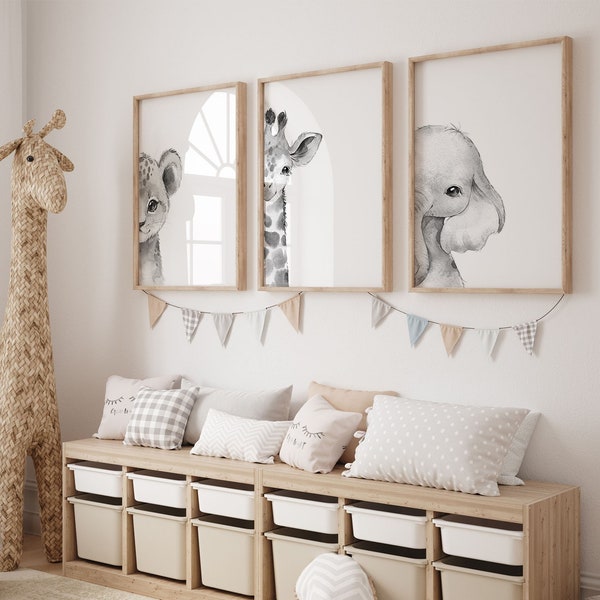 Safari Kinderzimmer Deko 3er Set Dschungel Tier Kinderzimmer Wandkunst | Löwe, Giraffe, Elefant | Kinderzimmer Kinder Printable | Schwarz und Weiß