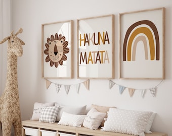 Ensemble de 3 impressions d’art mural d’animaux de la jungle 'Hakuna Matata' | Boho, Safari, Animal, Lion, Arc-en-ciel | Nursery Child Enfants Imprimable, Décor de chambre bébé