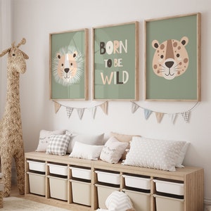 3er-Set Dschungeltier-Wandkunstdrucke „Born to be Wild“| Boho, Safari, Tier, Löwe, Leopard| Kindergarten-Kind-Kinder zum Ausdrucken| Babyzimmer-Dekoration