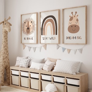 Set of 3 Jungle Animal Wall Art Prints | Boho, Safari, Animal, Lion, Rainbow, Giraffe| Nursery Kids Printable| Chindren&#39;s Room| Baby Gift