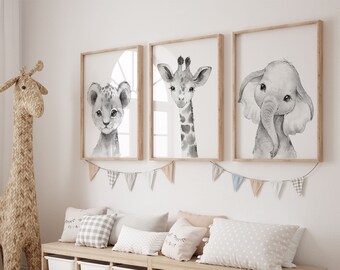 Set de 3 impresiones de arte mural de animales de la jungla / decoración de guardería en blanco y negro / safari, animal, león, jirafa, elefante / guardería para niños imprimible